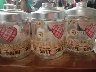 Set 3 Barattoli Decorati Cuore Juta Metallo Vetro