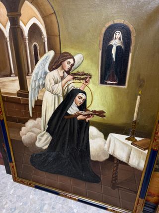 Grande quadro di Santa Rita da Cascia, olio su tela con bella cornice in rosso, blu e oro