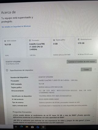 PC gamer I7 16GB RAM GTX 1650 SSD 120GB