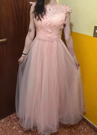 Vestido largo rosa pastel tul