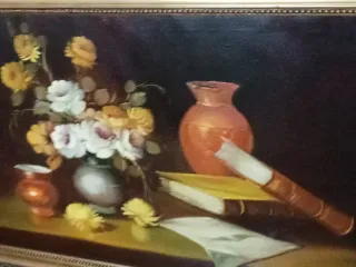 Cuadro antiguo bodegón flores, lienzo