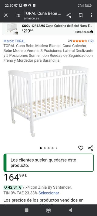 Cuna de barrotes de madera blanca. Incluye colchon
