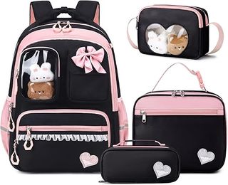 Amythe mochila 22L 4 piezas niña kawaii Negra Rosa