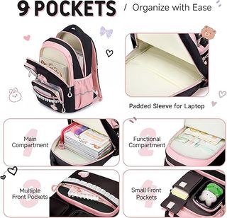 Amythe mochila 22L 4 piezas niña kawaii Negra Rosa