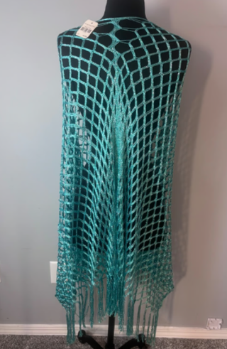 Chal calado azul turquesa con flecos