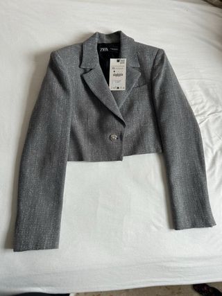 Blazer Zara Crop Hilo Metalizado Gris Talla XS