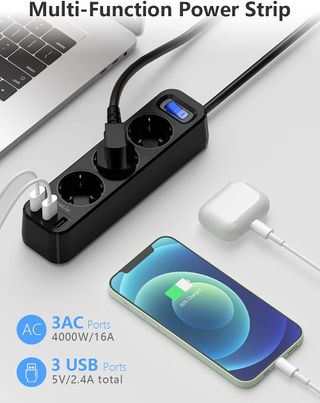 Regleta 3 tomas + 3 USB 16A negra NUEVA