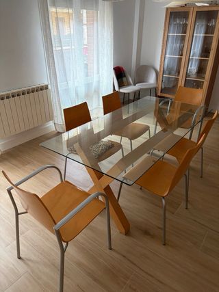 Mesa cristal 180x85 + 6 sillas madera