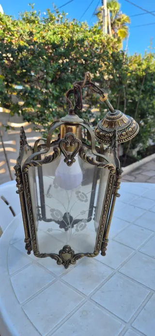 Farol Vintage Cristal Grabado Dorado