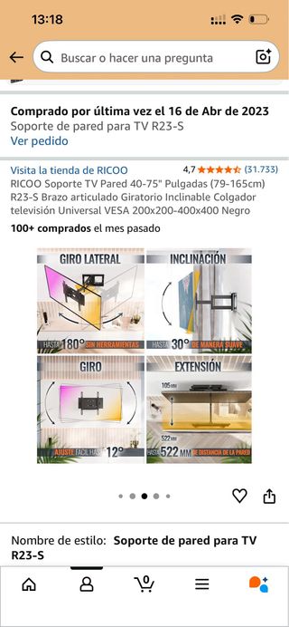 Soporte TV Pared RICOO R23-S 40-75