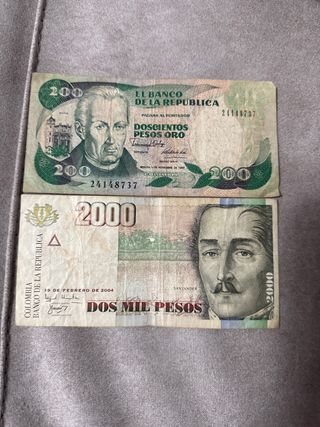 Billetes Colombianos 200 y 2000 Pesos