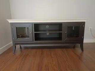 Mueble TV madera maciza marrón y blanco