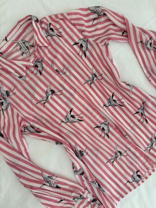 Blusa Rayas Rosas y Blancas con Estampado de Aves