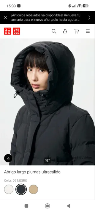 Abrigo Largo Plumas Uniqlo Negro.Vale 199 euros