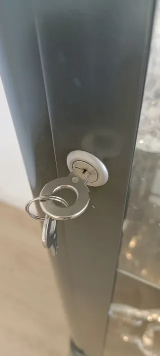 Vitrina metálica verde con puertas de cristal