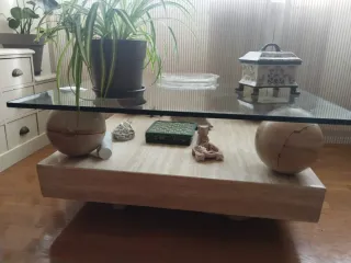 Mesa centro mármol travertino y cristal