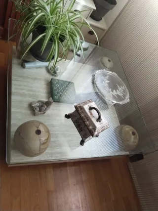 Mesa centro mármol travertino y cristal