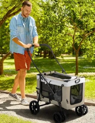 Carro para perro beige y negro