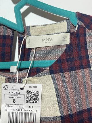 Vestido cuadros niña Mango. 8 años/ 128cm