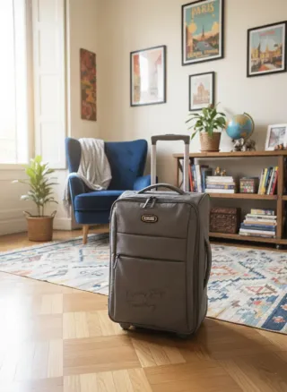 Maleta de viaje gris con ruedas