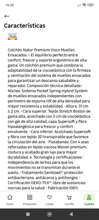 Base tapizada y colchón muelles ensacados 150x190