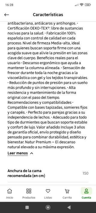 Base tapizada y colchón muelles ensacados 150x190