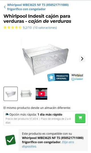 Cajón Verduras Frigorífico Whirlpool