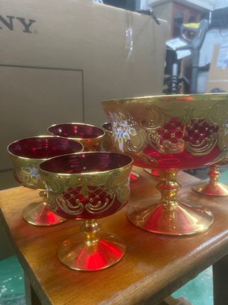 Juego 7 copas cristal Venecia oro y rojo
