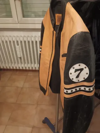 Giacca Moto Vintage Pelle Arancione/Nero