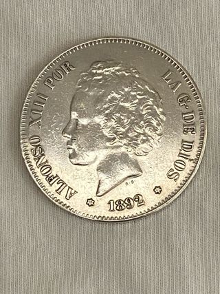 Moneda Plata 5 Pesetas 1892 Alfonso XIII