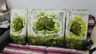 Cuadro Tríptico Flores Verdes y Doradas