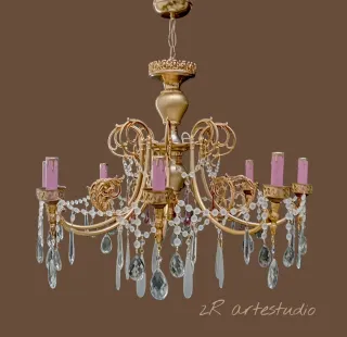 Lampadario vintage 8 luci oro e rosa