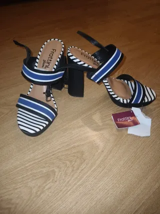 Zapatos Frattini Mujer Tacon Rayas Azul Negro