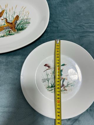 Fuente y platos de porcelana con patos