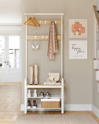 Perchero Zapatero con Banco 4 en 1 Roble/Blanco VASAGLE HSR40W