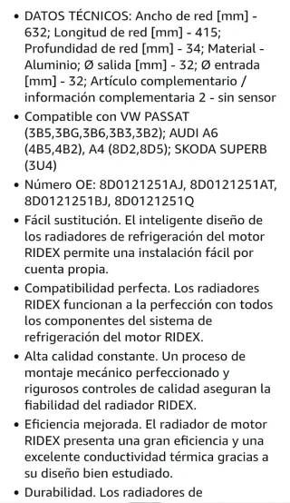 Radiador RIDEX VW Passat B5 SKODA SUPERB