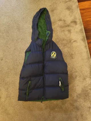 Chaleco acolchado reversible azul/verde, talla 16.