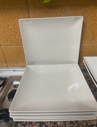 6 Platos Cuadrados y 2 Bandejas Blancas