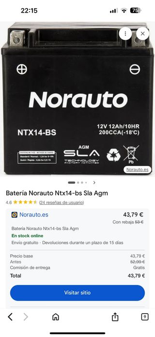 Batería Norauto NTX14-BS 12V 12Ah AGM