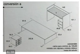 Cuna convertible, cama, escritorio y mesitas