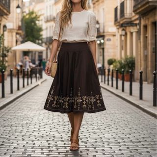 Talla M - Falda midi marrón bordado étnico/boho