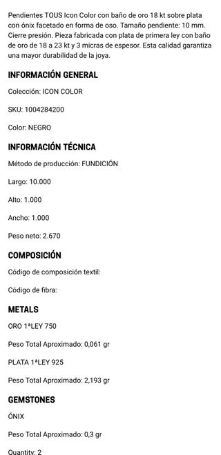 Pendientes Tous Oso Negro Baño Oro 18kt