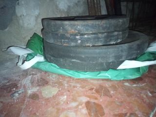 Lote de pesas de 5 kilos y 10 kilos con barras