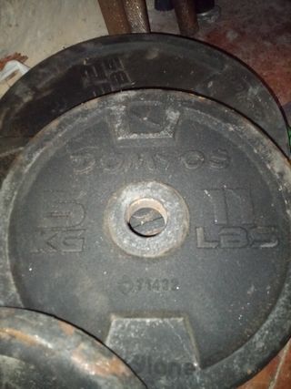 Lote de pesas de 5 kilos y 10 kilos con barras