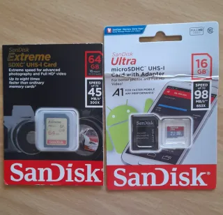 Due schede di memoria SanDisk da 64 gb e 16 gb