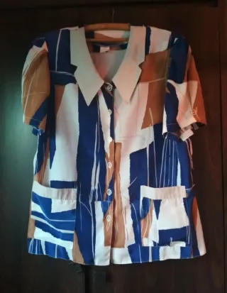 Blusa Talla XXL Azul, marrón y blanca