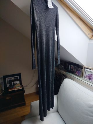 Vestido fiesta Zara M brillante negro, punto fino