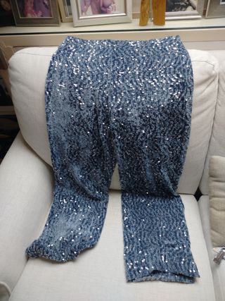 Pantalón fiesta lentejuelas terciopelo azul M