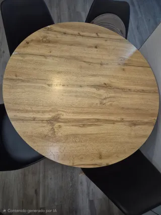 Mesa redonda madera y 4 sillas negras