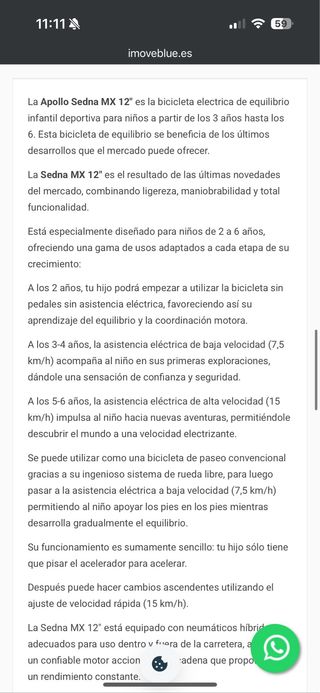 Bicicleta Eléctrica Infantil Sedna MX12